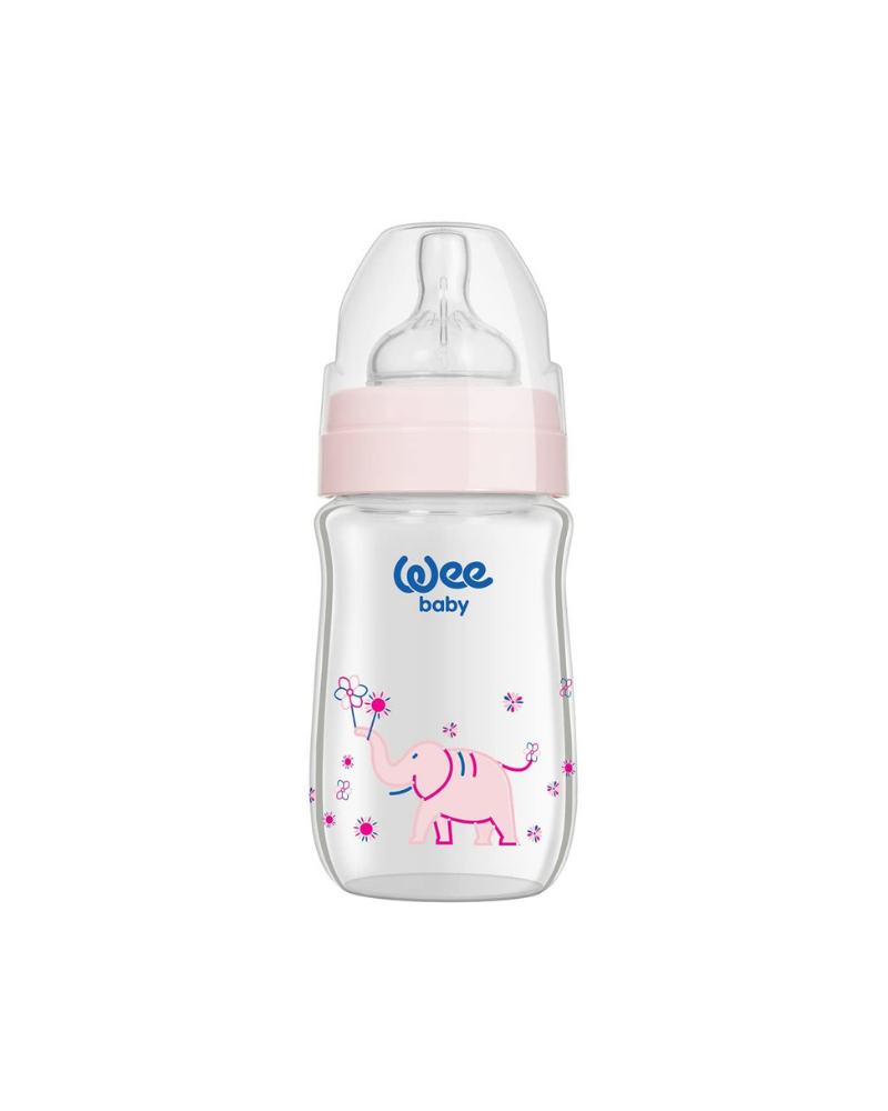 WEE BABY HEAT RESISTANT PATTERNED CLASSICAL + WIDE NECK GLASS FEDDING BOTTLE 18