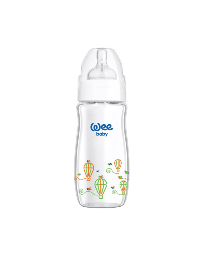 WEE BABY HEAT RESISTANT PATTERNED CLASSICAL + WIDE NECK GLASS FEDDING BOTTLE 280