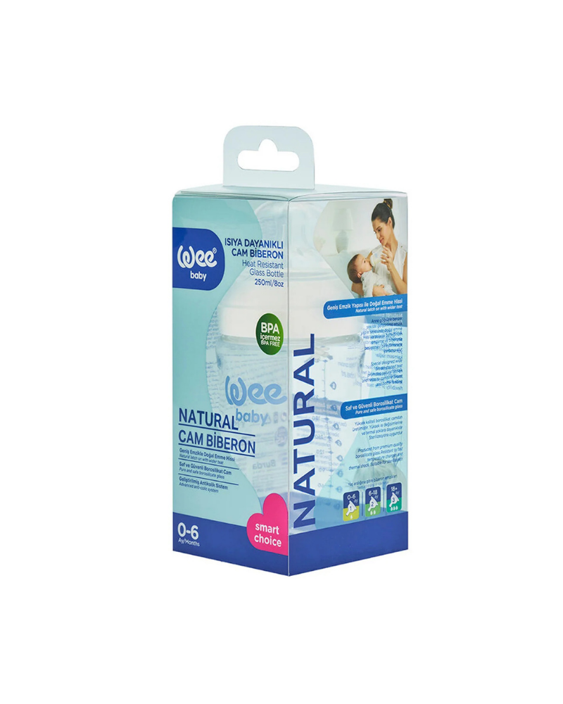 WEE BABY HEAT RESISTANT NATURAL FEELING WIDE NECK GLASS FEEDING BOTTLE 250ML